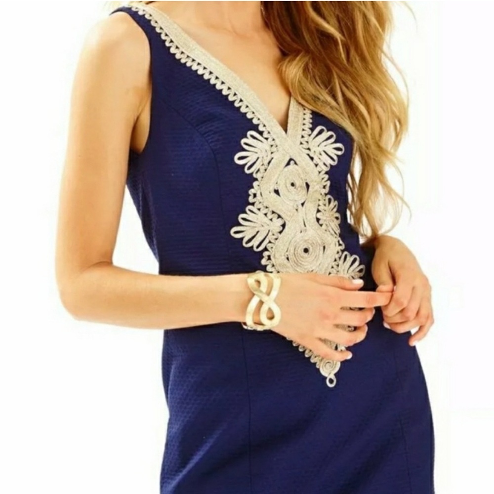 Lilly Pulitzer Junie Shift Dress Navy Blue Gold LIKE NEW - Picture 2 of 10